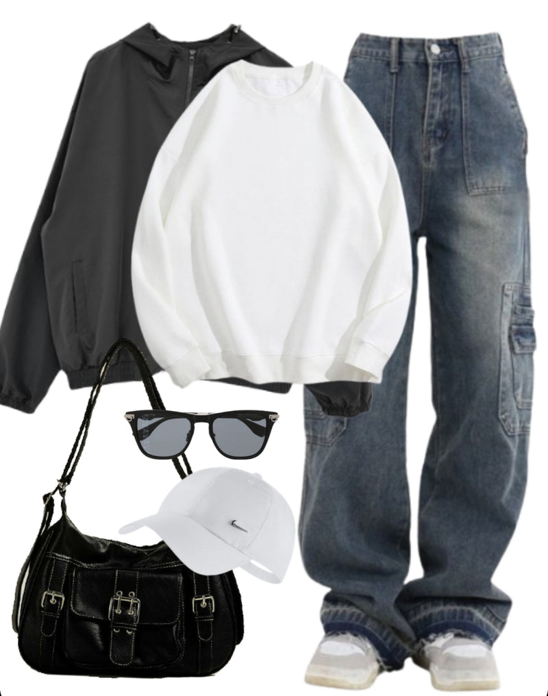 OOTD: Outdoor Jacket + Oversized Sweatshirt + Cargo Jeans + Crossbody Bag