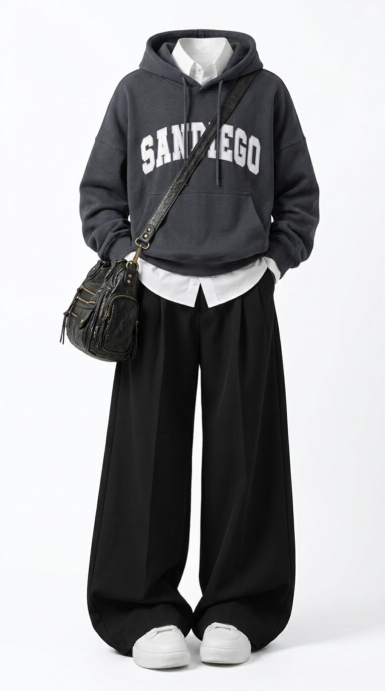 OOTD: Oversized Hoodie + High Waist Wide Leg Suit Pants + Retro Crossbody Bag