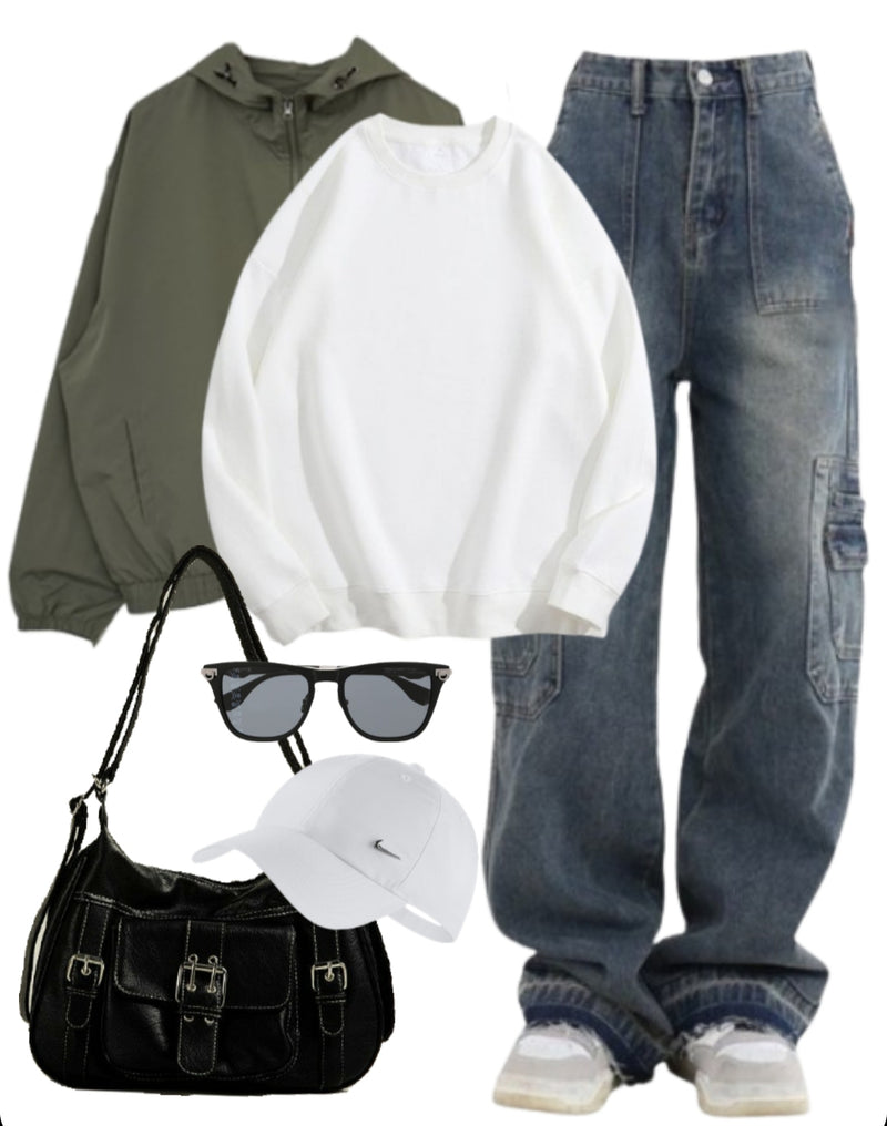 OOTD: Oversized Jacket + Oversized Sweatshirt + Cargo Jeans + Crossbody Bag