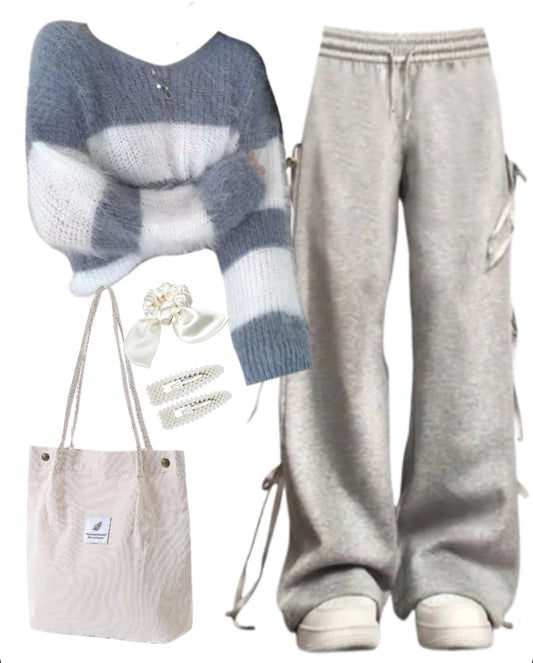 OOTD: Oversized Sweater + Bow Tie Sweatpants + Corduroy Tote Bag