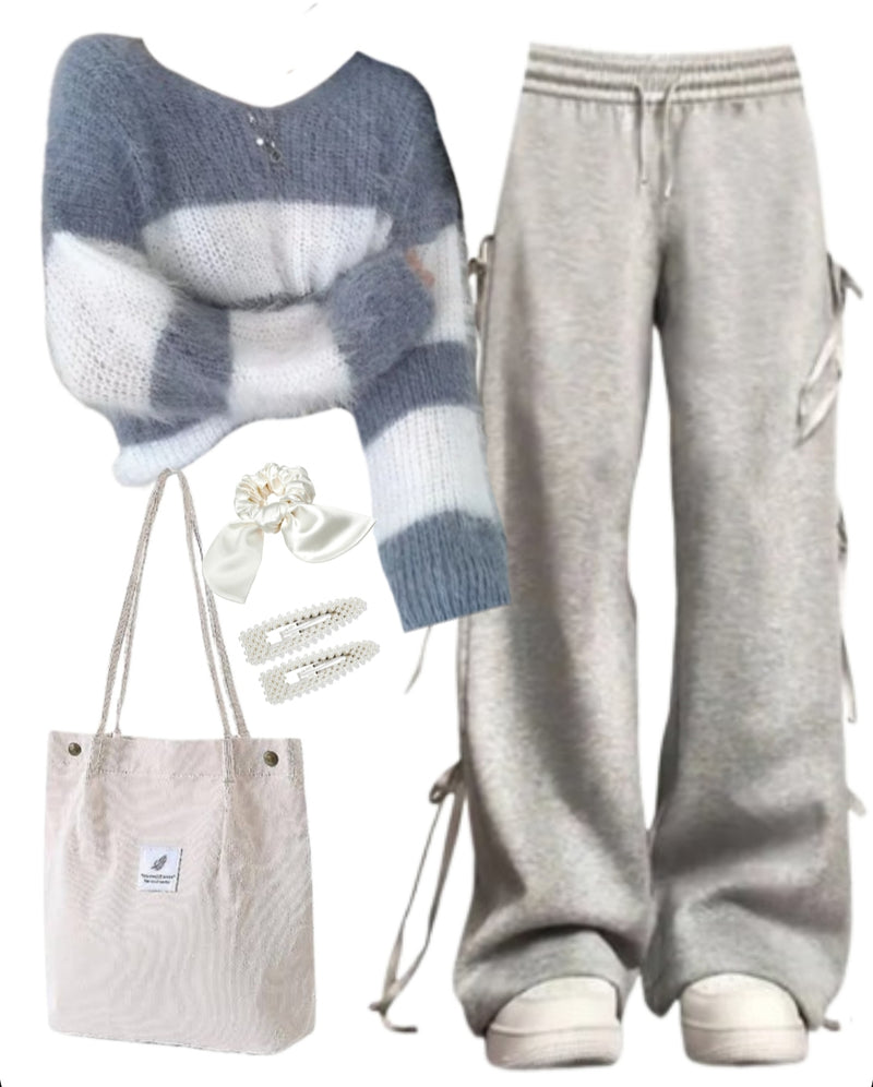 OOTD: Oversized Sweater + Bow Tie Sweatpants + Corduroy Tote Bag