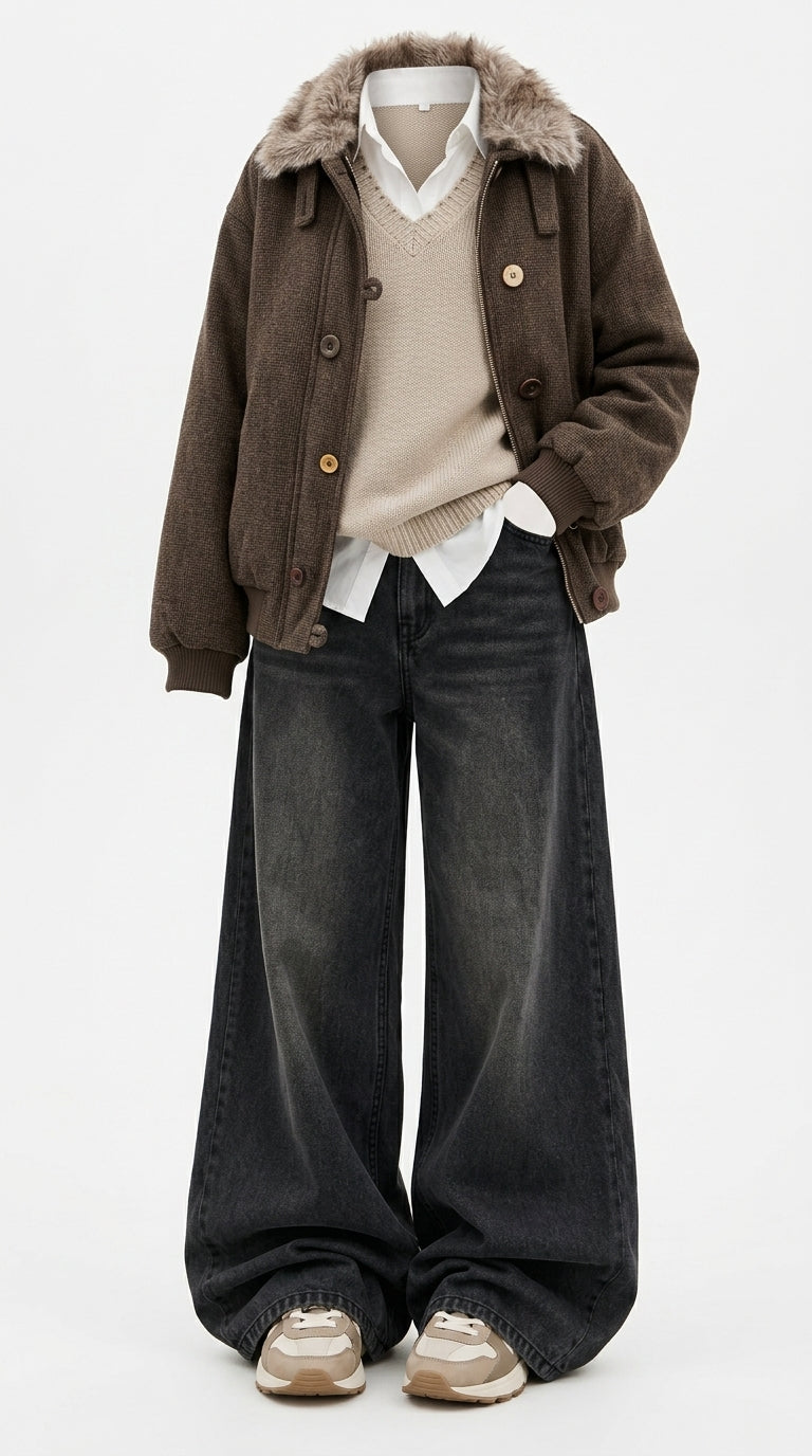 OOTD: Retro Cotton-Padded Jacket + Pleated High-Waist Wide-Leg Jeans