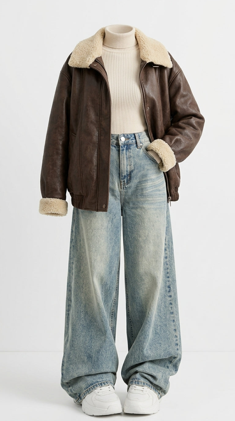 A brown leather aviator-style jacket with a beige shearling collar and cuffs, styled over a cream ribbed turtleneck and light-wash wide-leg denim jeans on a white mannequin against a white studio background.