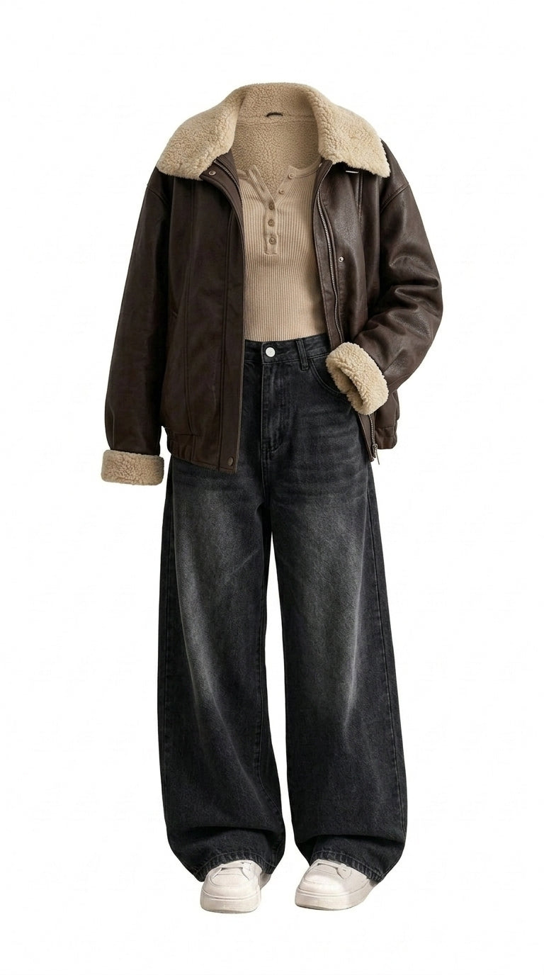 A styled outfit featuring a dark brown leather jacket with a beige shearling collar, worn over a beige henley top and paired with wide-leg dark gray jeans and white sneakers, shown on a white background.