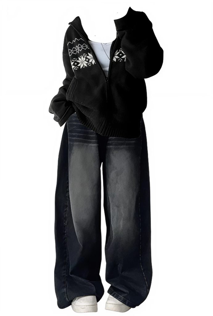 Black jacket with floral embroidery and dark jeans on a white background