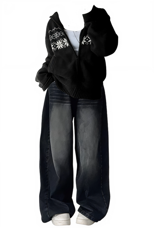 Black jacket with floral embroidery and dark jeans on a white background