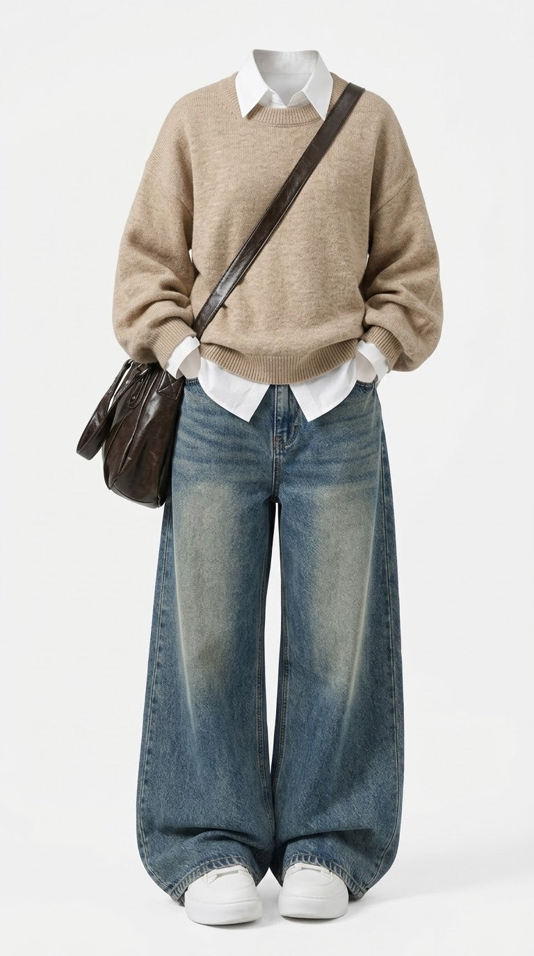 OOTD: Split Hem Pullover Sweater + High-Waist Wide-Leg Jeans + Retro Crossbody Bag