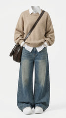 OOTD: Split Hem Pullover Sweater + High-Waist Wide-Leg Jeans + Retro Crossbody Bag