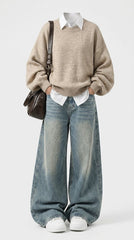 OOTD: Split Hem Pullover Sweater + High Waist Washed Baggy Jeans + Retro Crossbody Bag