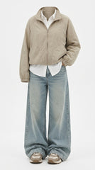 OOTD: Stand Collar Zipper Windbreaker Jacket  + Embroidered High-Waist Wide-Leg Jeans - fairypeony
