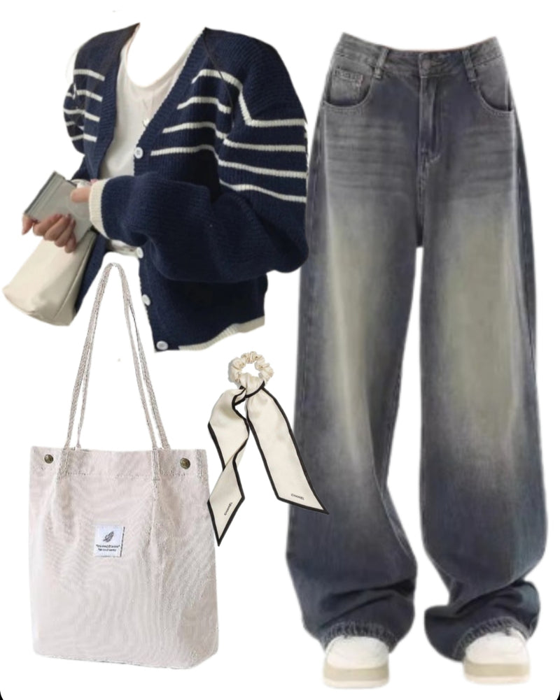 OOTD: Striped Cardigan + Boyfriend Jeans + Tote Bag