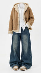 OOTD: Thickened Hooded Horn Button Fur Outwear + Pleated High-Waist Wide-Leg Jeans - fairypeony