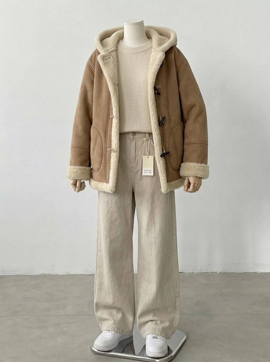 A mannequin styled with a tan shearling-lined toggle jacket over a cream knit sweater, cream wide-leg pants, and white sneakers, set against a plain light gray studio background.
