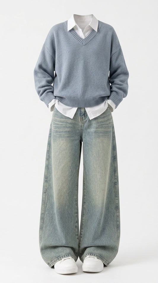 OOTD: V-Neck Pullover Dark Academia Sweater + Embroidered High-Waist Wide-Leg Jeans - fairypeony