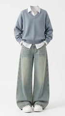 OOTD: V-Neck Pullover Dark Academia Sweater + Embroidered High-Waist Wide-Leg Jeans - fairypeony