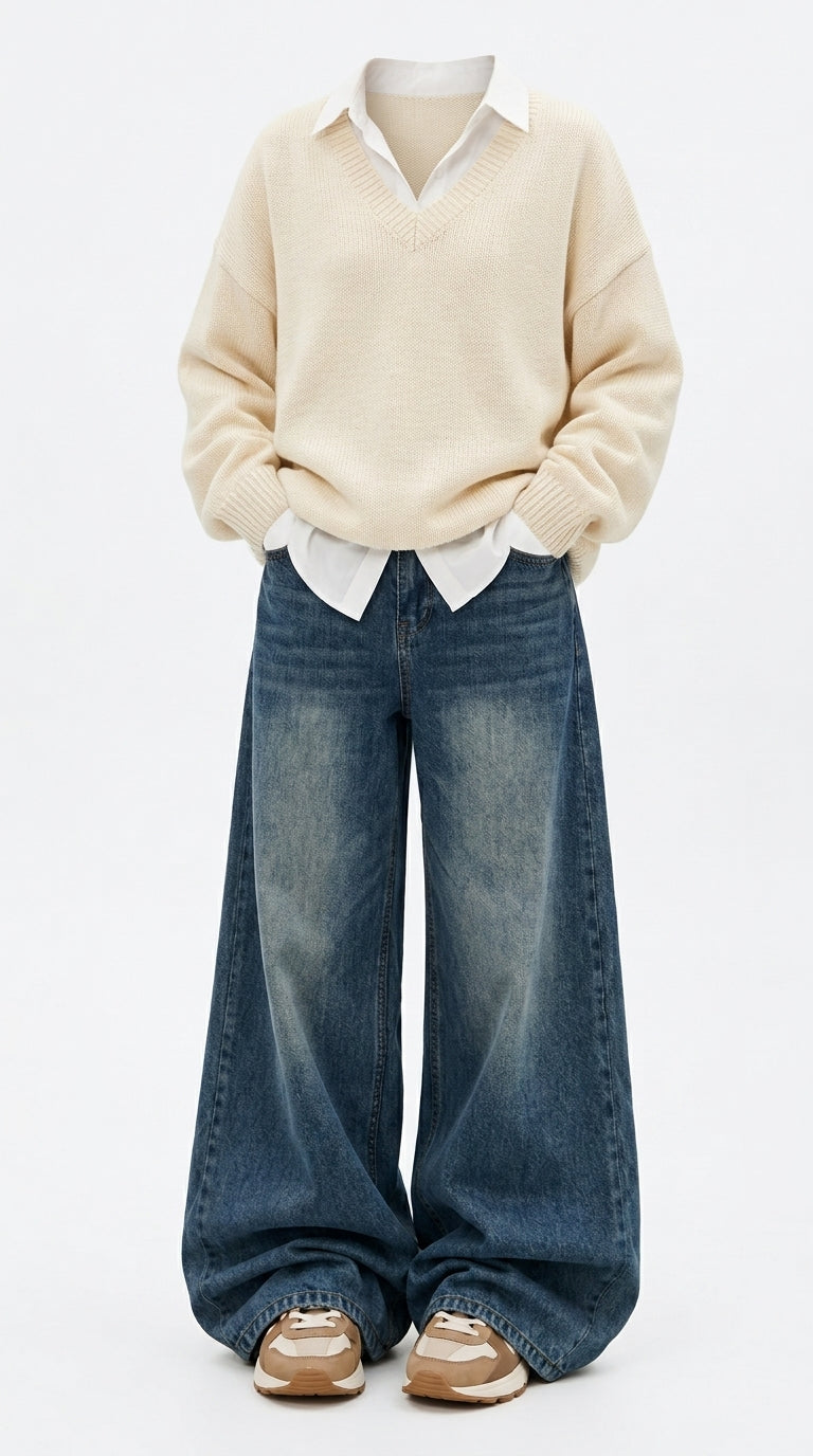 A child wearing a cream knit V-neck sweater over a white collared shirt, paired with wide-leg blue jeans and beige sneakers, shown against a plain light gray studio background.
