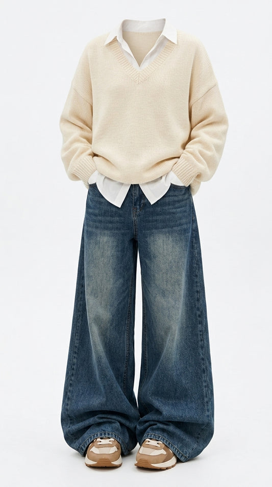 A child wearing a cream knit V-neck sweater over a white collared shirt, paired with wide-leg blue jeans and beige sneakers, shown against a plain light gray studio background.