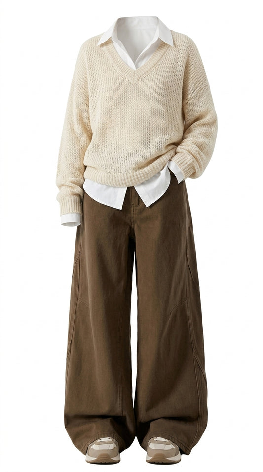 A styled outfit featuring a cream ribbed V-neck sweater layered over a white collared shirt, paired with wide-leg brown trousers and beige sneakers, shown on a white background.