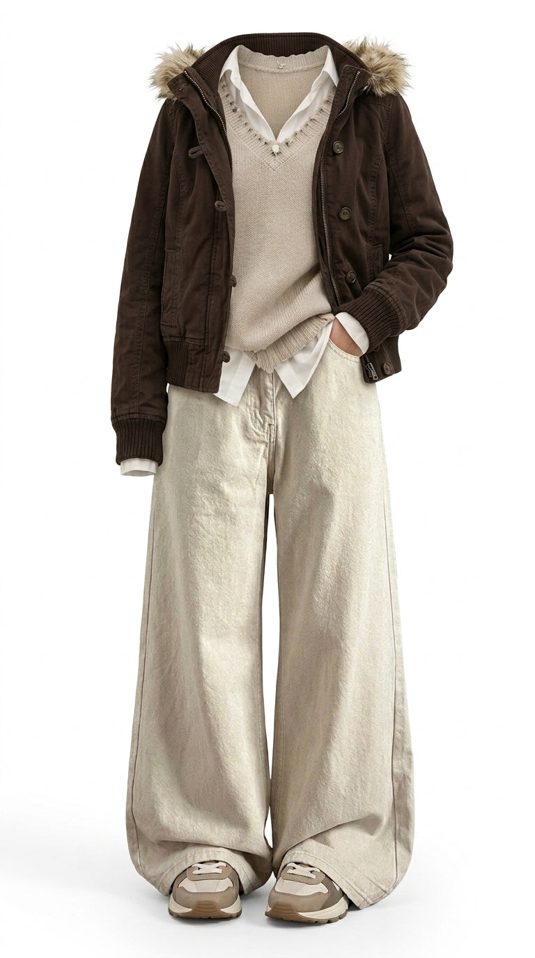 A full-body studio shot of a person wearing a dark brown corduroy hooded jacket with faux-fur trim, a beige knit sweater vest, a white collared shirt, and wide-leg beige trousers, paired with beige and brown sneakers, against a plain white background.