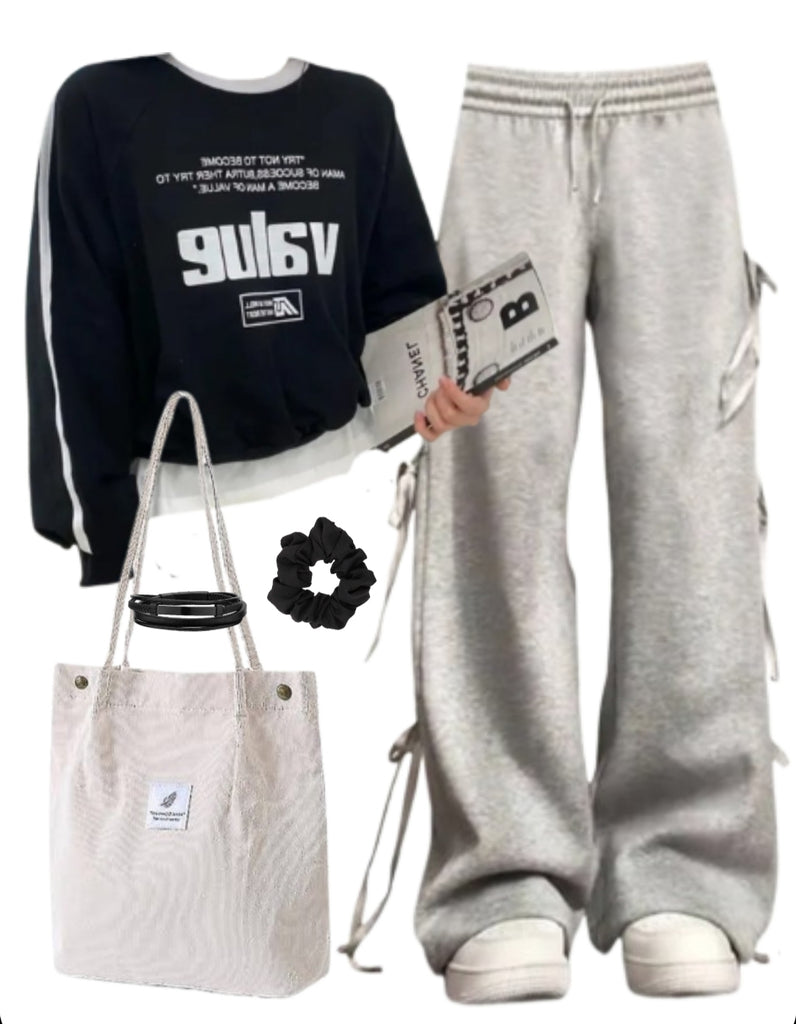 OOTD: Vintage Letter Print + Bow Tie Sweatpants + Tote Bag