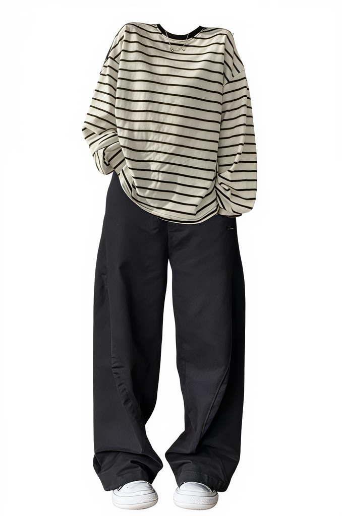 Striped long-sleeve shirt and black pants on a white background