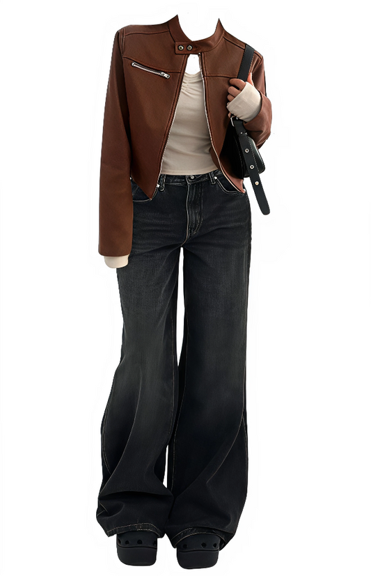 Person wearing a brown leather jacket, beige shirt, black jeans, and holding a gun on a white background