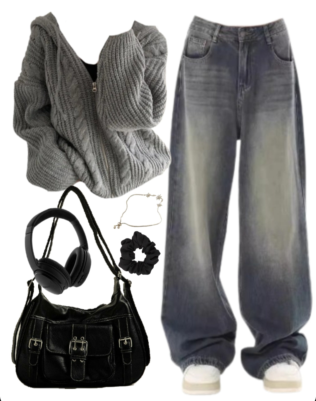 OOTD: Zip Up Cardigan + Baggy Jeans + Crossbody Bag