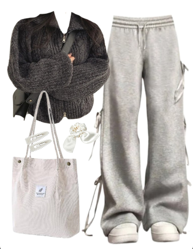 OOTD: Zip Up Cardigan + Bow Tie Sweatpants + Tote Bag