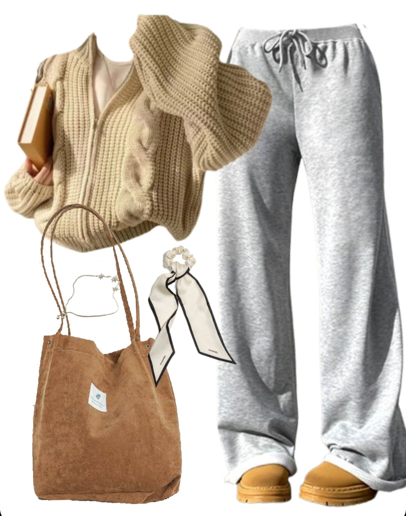 OOTD: Zip Up Cardigan + Solid Color Sweatpants + Tote Bag