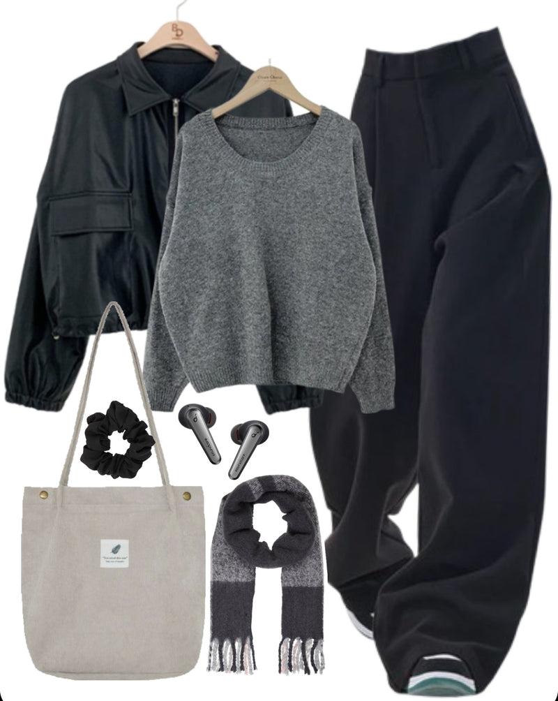 OOTD: Zip Up Jacket + Round Neck Sweater + Suit Pants + Tote Bag