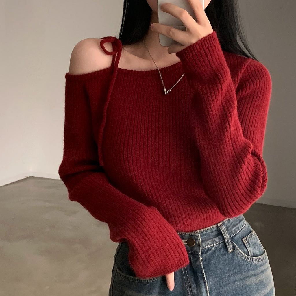 Off Shoulder Tie Slim Knitted Sweater