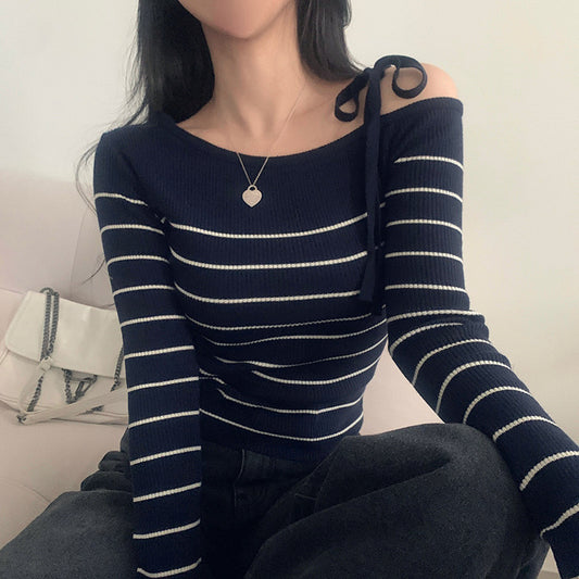 Off-shoulder Striped Long Sleeve Knitted Tee