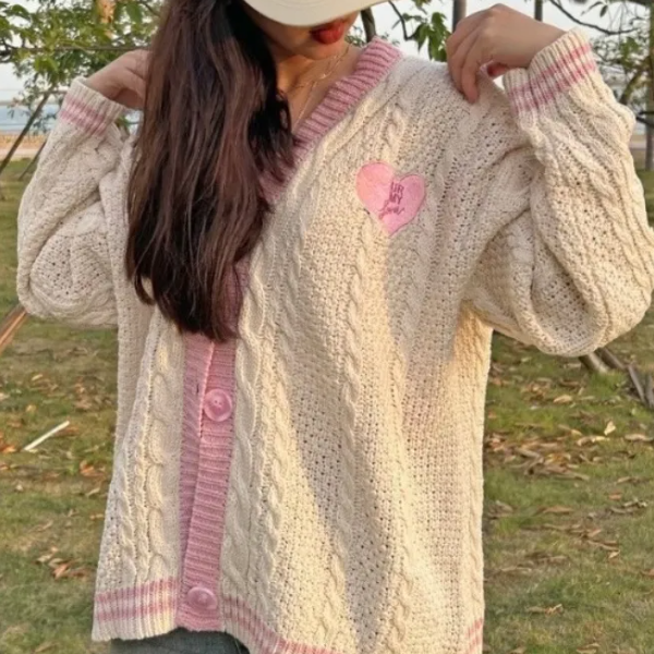 Oversize Heart Embroidered Cable Knit Cardigan