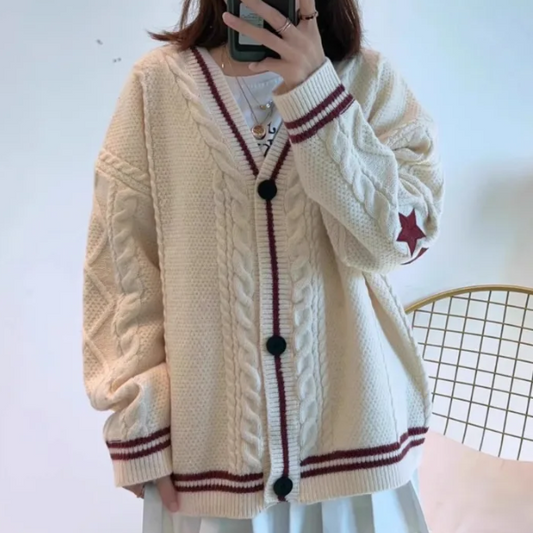 Oversize Star Embroidered Cable Knit Cardigan - fairypeony