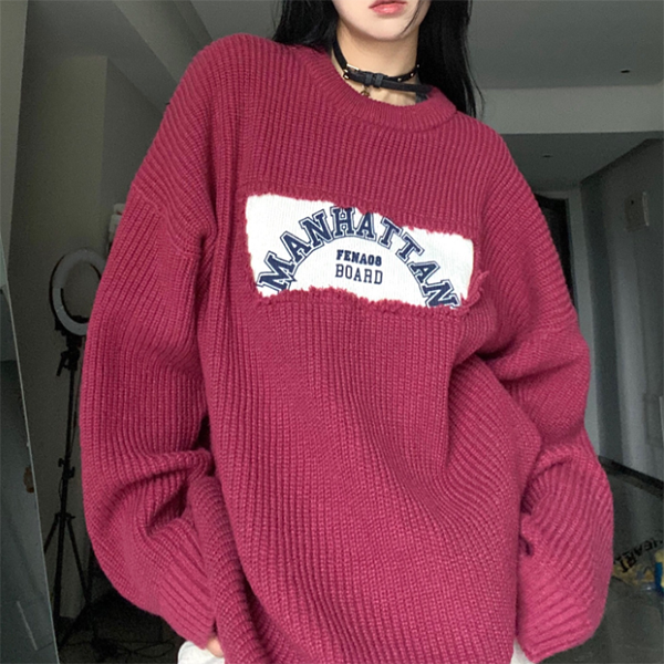 Patched Logo Embroidery Pullover Sweater - fairypeony
