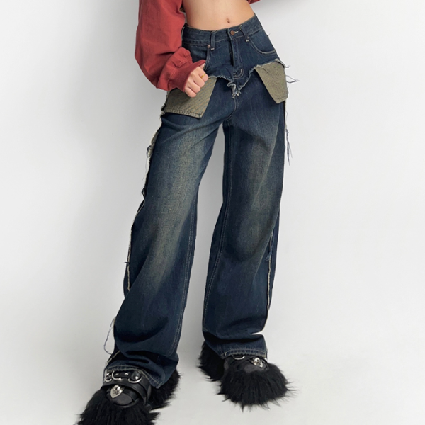 Patchwork Distressed Cargo Jeans - fairypeony