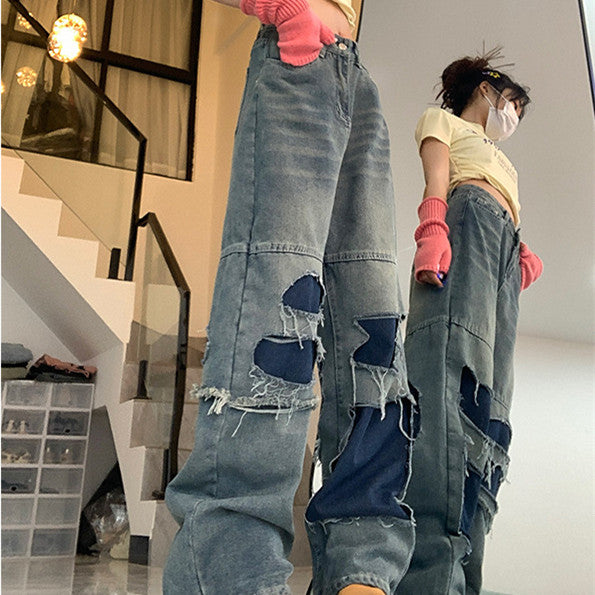 Patchwork Distressed Straight Leg Jeans - fairypeony