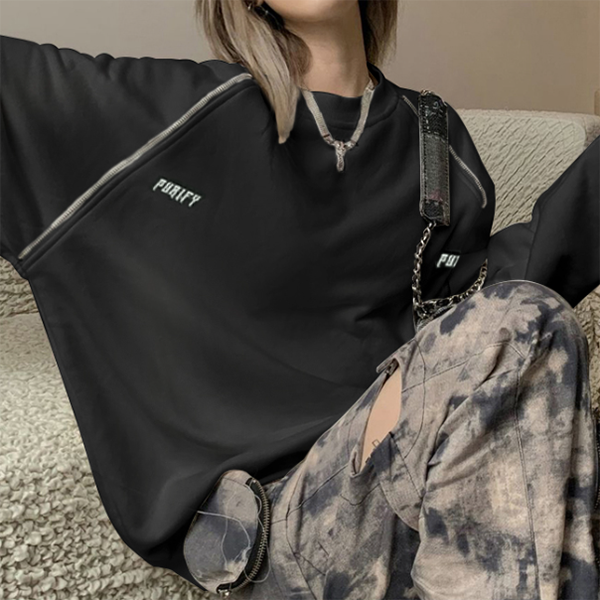 Embroidery Print Zipper Patchwork Sweatshirt - fairypeony