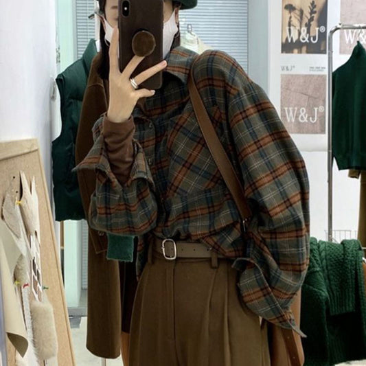 Plaid Print Loose Long Sleeve Blouse