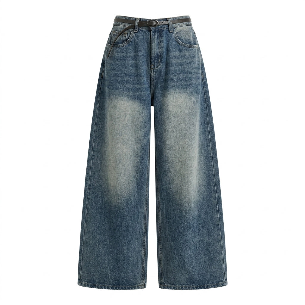 A pair of wide-leg blue denim jeans with a faded light wash on the front of the legs, shown against a plain white background.