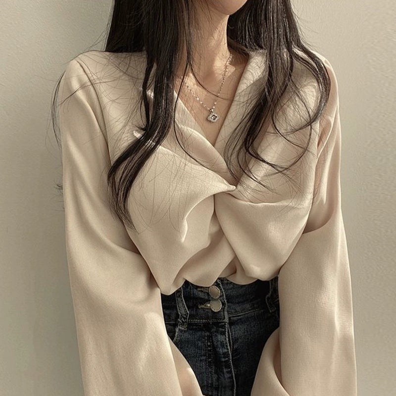 Pleated Twist V-Neck Long Sleeve Blouse