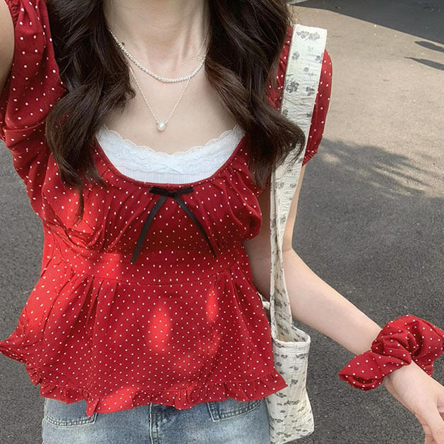 Polka Dot Bow Patchwork Short Sleeve Tee