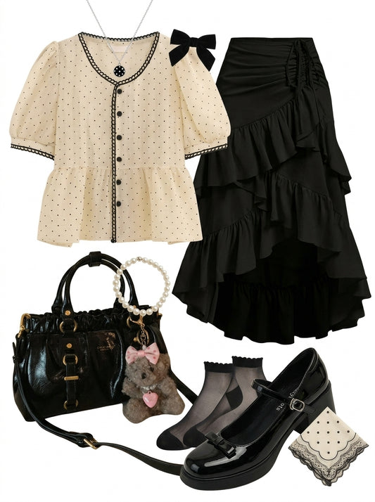 Fashion outfit with beige blouse, black ruffled skirt, black shoes, handbag, and small plush toy on a white background.