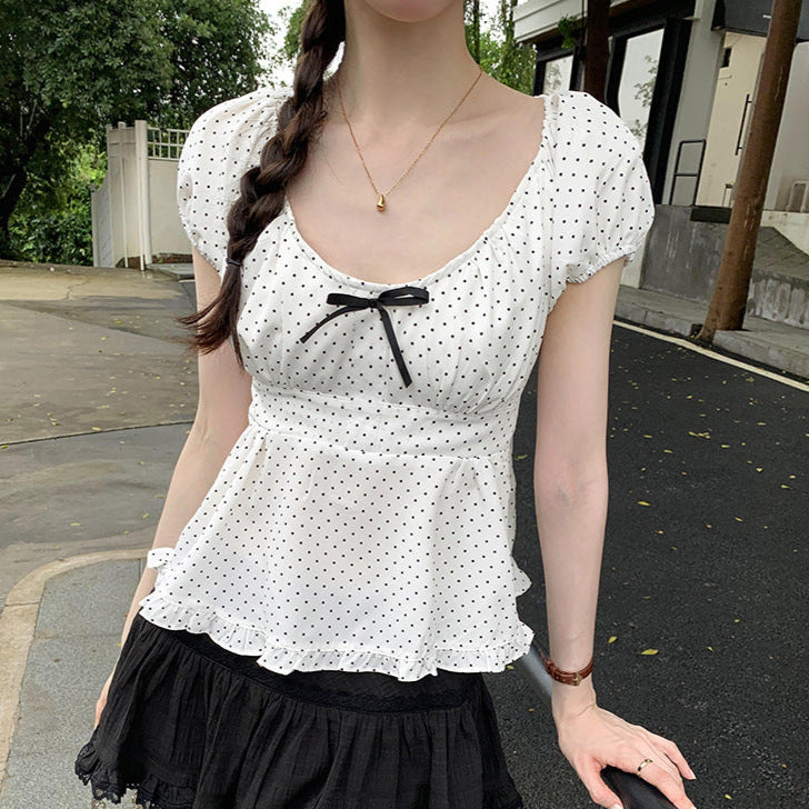 Polka Dot Print Aesthetic Bow Puff Short Sleeve Tee