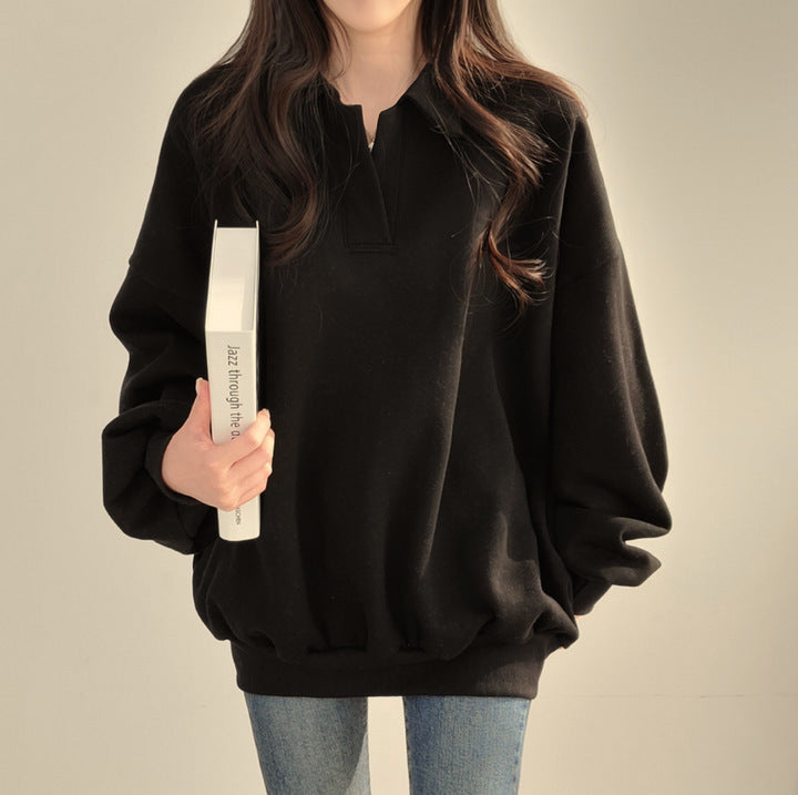 Polo Collar Solid Color Oversized Sweatshirt