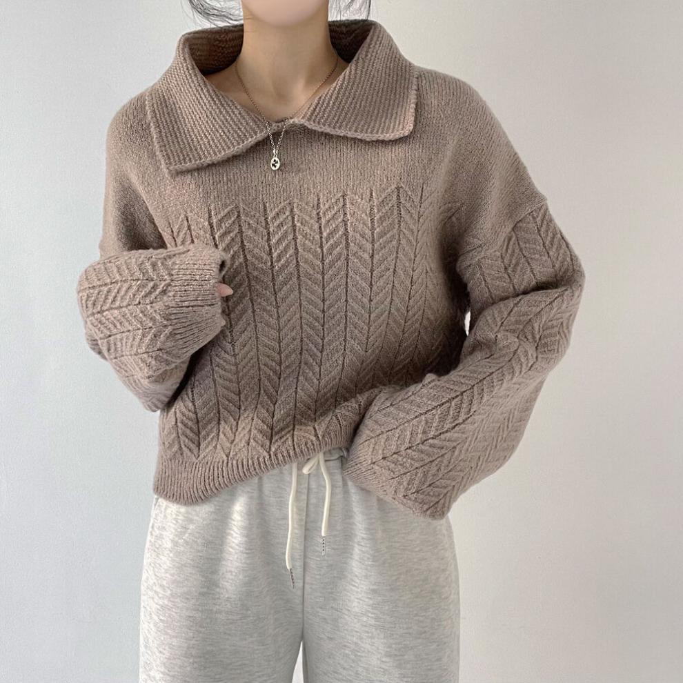 Polo-Collar-Cable-Knit-Oversized-Sweater