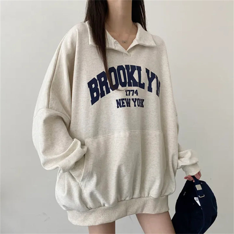 Polo Color Letter Print Oversized Sweatshirt