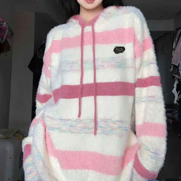 Preppy Contrast Color Stripe Fuzzy Hooded Sweater - fairypeony
