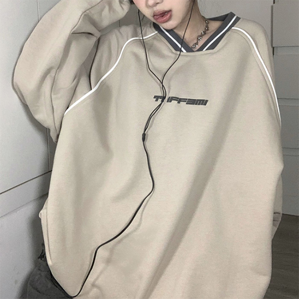 Print V Neck Patchwork Sweatshirt - fairypeony