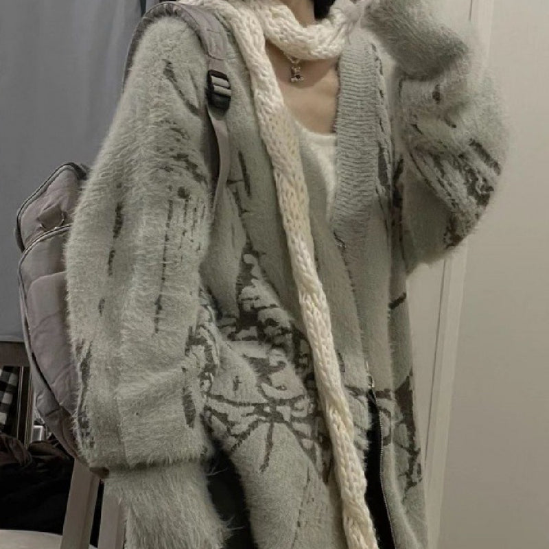 Print V Neck Zip Up Loose Cardigan - fairypeony